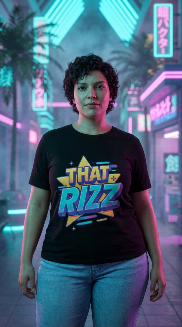Organic Cotton 'That Rizz' Graphic Tee - Neon Plus Streamer in 90s Mall Food Court - 90s Retro Sustainable