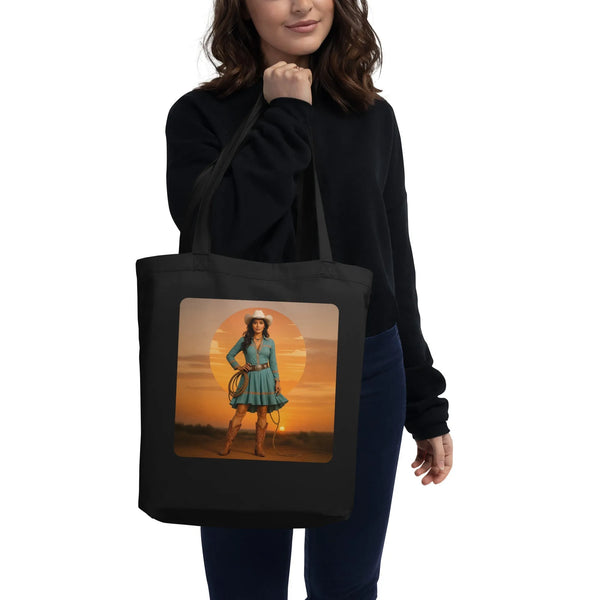 Sunset Cowgirl Organic Tote | Sustainable Western Chic - Sustainable Organic Design | Primary Flat-lay Front View