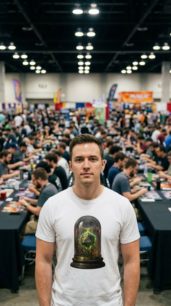 Specimen 20 Eldritch GOTS-certified organic cotton tee worn in a tournament hall