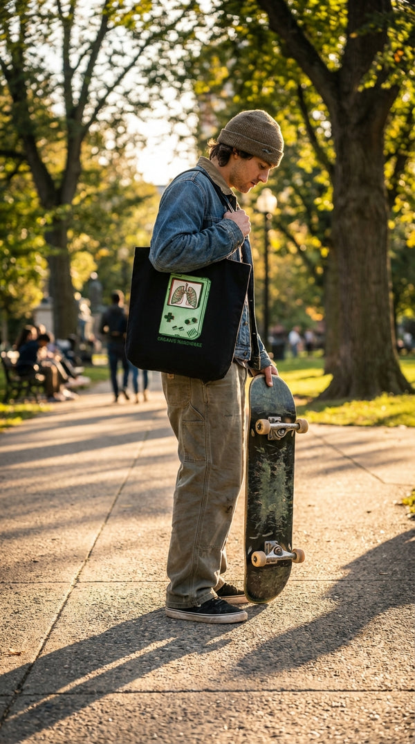 Sustainable Organic Hardware Retro Gamer Tote Bag - Urban Skater in Boston Common - GenZ Ethical Hype