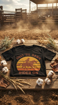 Organic Cotton T‑shirt – Dust 'Til Dawn Rider - GOTS Certification Hero in Rodeo Arena - 90s Retro Sustainable