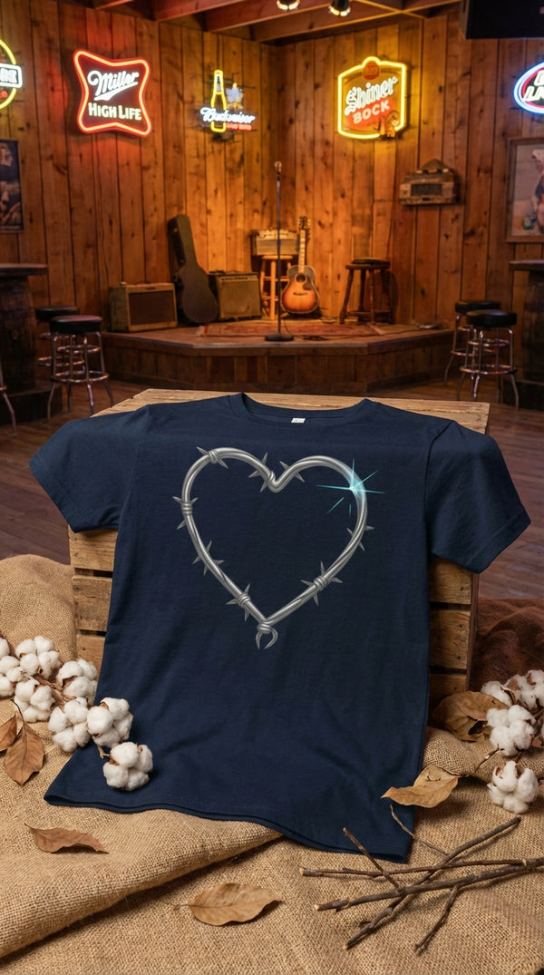 Heart of Barbed Wire and Starburst Organic Cotton T-Shirt - GOTS Certification Hero in Honky Tonk Bar - 90s Retro Sustainable