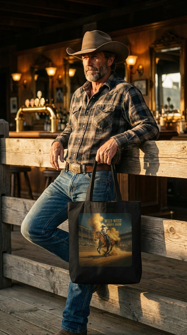 Wild West Rodeo Show Organic Cotton Tote Bag - Modern Rancher in Saloon Interior - Eco-Aesthetic Lifestyle