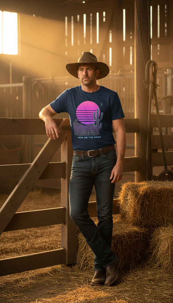 Neon on the Mesa – Western Organic Cotton T-Shirt - Modern Rancher in Rustic Barn - 90s Retro Sustainable