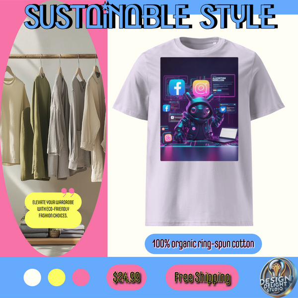 Organic cotton t-shirt – ‘Futuristic Social Media Algorithm Rebellion’ design featuring a cyber-hacker defying digital platforms. Soft, eco-friendly & bold!