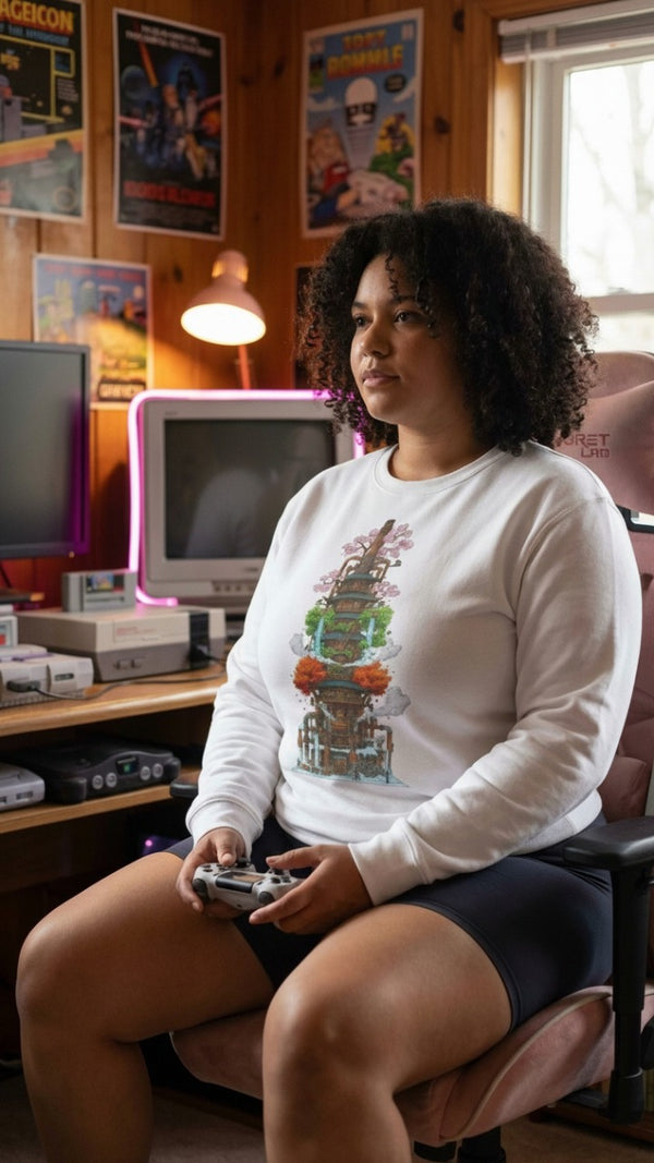 Steampunk Seasons Tower Organic Sweatshirt | Sustainable Fantasy Gamer Wear