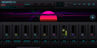 Neon-colored synthesizer interface with various controls on a dark background