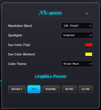 Settings menu for a device labeled NS-9000 with various customization options.