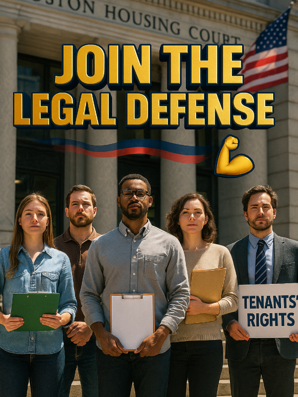 Group of people standing in front of a courthouse with text 'Join the Legal Defense' and 'Tenants' Rights'.