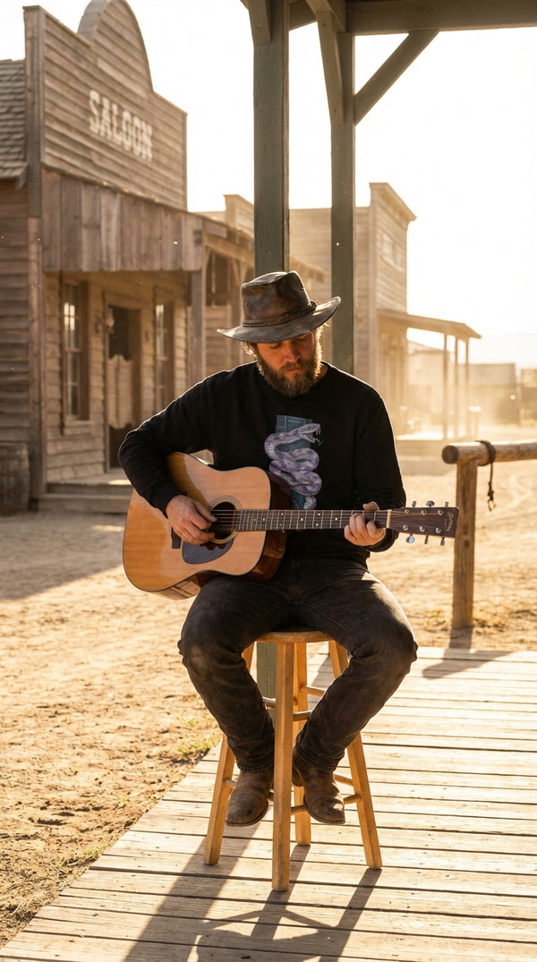 Purple Viper Denim Organic Cotton Sweatshirt - Acoustic Guitarist in Western Town - Eco-Aesthetic Lifestyle