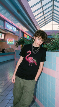 Glitch Flamingo Retro Cyberpunk Organic Cotton T-Shirt - 90s Mall Goth in 90s Mall Food Court - 90s Retro Sustainable