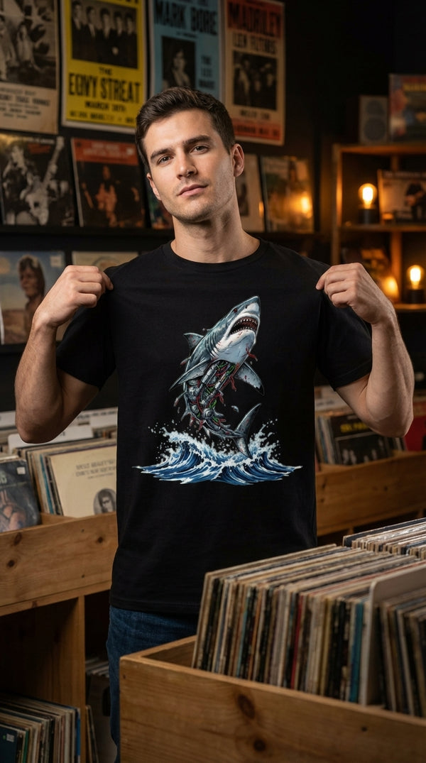 Mecha Shark Organic Cotton Graphic T-Shirt - Male Model in Vintage Record Store - 90s Retro Sustainable