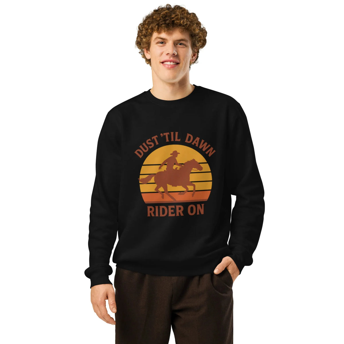 Dust ’Til Dawn Rider | Organic Western Sweatshirt - Sustainable Organic Design | Primary Mockup Front View