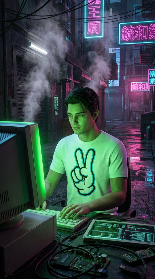 Retro Peace Sign Hand Graphic T-Shirt - Neon Glow Outline - Cyberpunk Plus in Cyberpunk Slum - 90s Grunge Revival