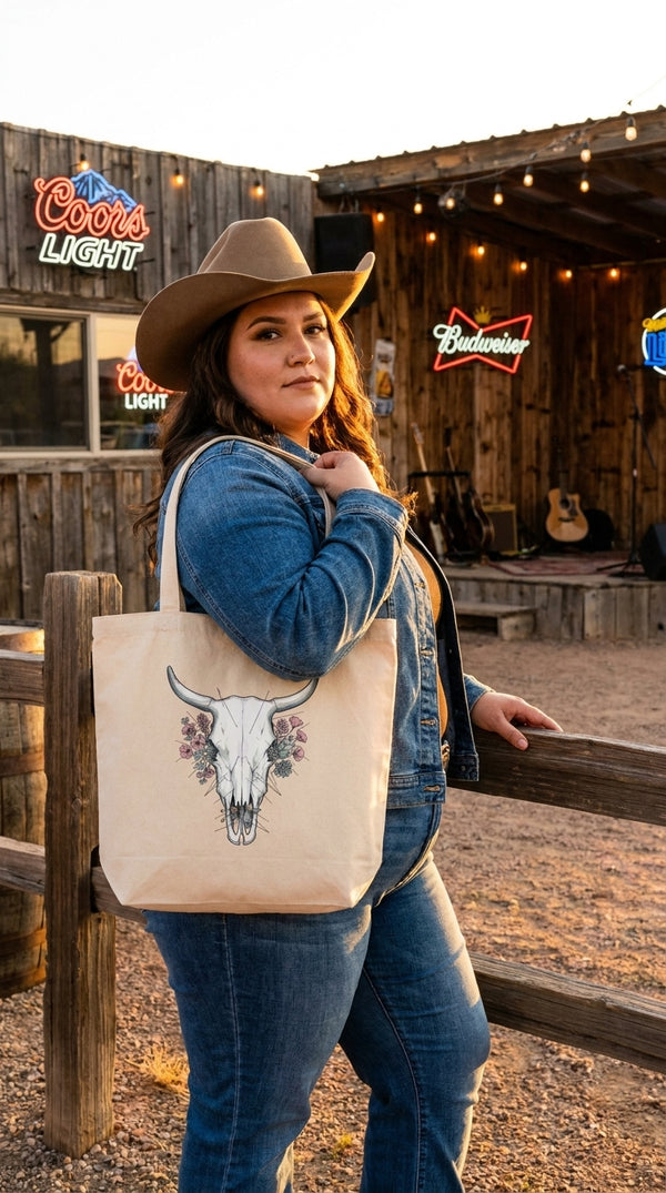 Desert Floral Bull Skull Organic Cotton Tote Bag - Cowgirl Model in Honky Tonk Bar - Eco-Aesthetic Lifestyle