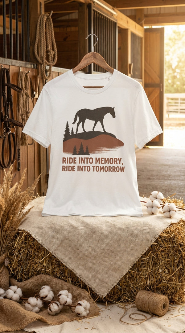 Organic Cotton T‑shirt – Ride Into Memory - GOTS Certification Hero in Horse Stable - 90s Retro Sustainable