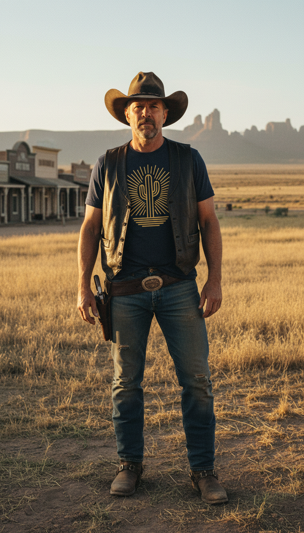 Minimalist Cactus Sunburst – Organic Desert Graphic T-Shirt - Cowboy Model in Western Town - 90s Retro Sustainable