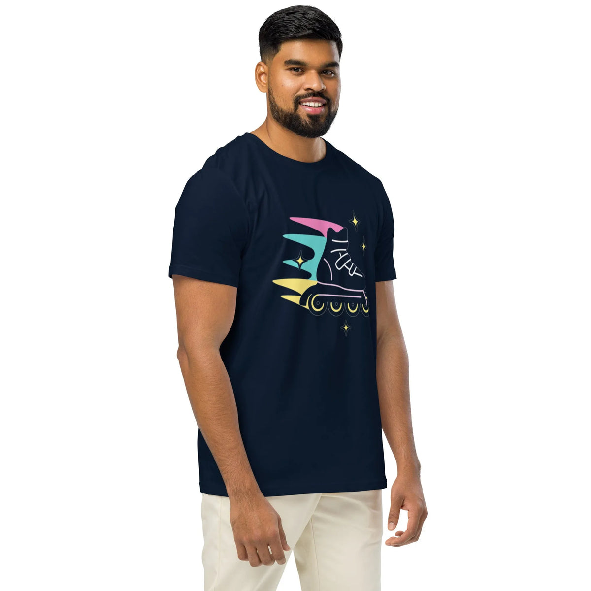 Neon Speed Racer T-Shirt | Retro Rollerblade Graphic Tee - Sustainable Organic Design | Detailed Alternative View