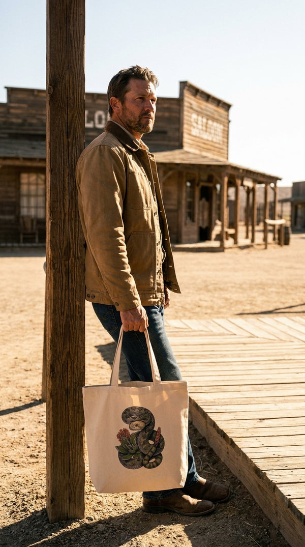 Desert Rattlesnake and Succulent Western Organic Cotton Tote Bag - Modern Rancher in Western Town - Eco-Aesthetic Lifestyle