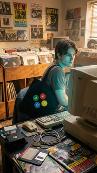 Retro Gamepad Button Eco Tote - Dial-Up Era in Vintage Record Store - Eco-Aesthetic Lifestyle