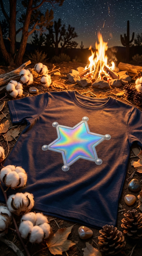 Holographic Sheriff’s Star Badge Organic Cotton T-Shirt - GOTS Certification Hero in Campfire at Night - 90s Retro Sustainable
