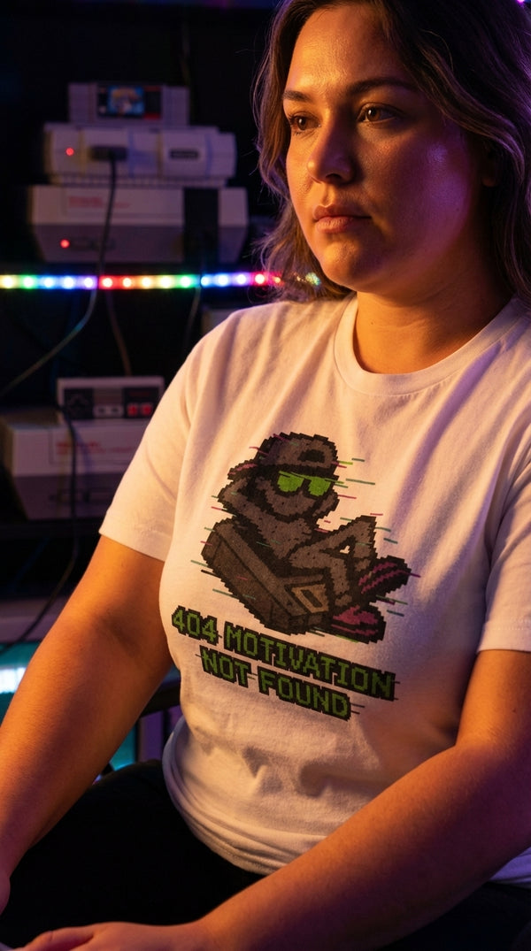 Organic Cotton T-Shirt Unisex 404 Motivation Not Found Tee - 90s Retro Hacker in RGB Gaming Room - Cinematic Showcase