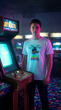 Synthwave Helicopter Graphic GOTS-certified organic cotton tee worn in a neon arcade alley — 90s retro sustainable