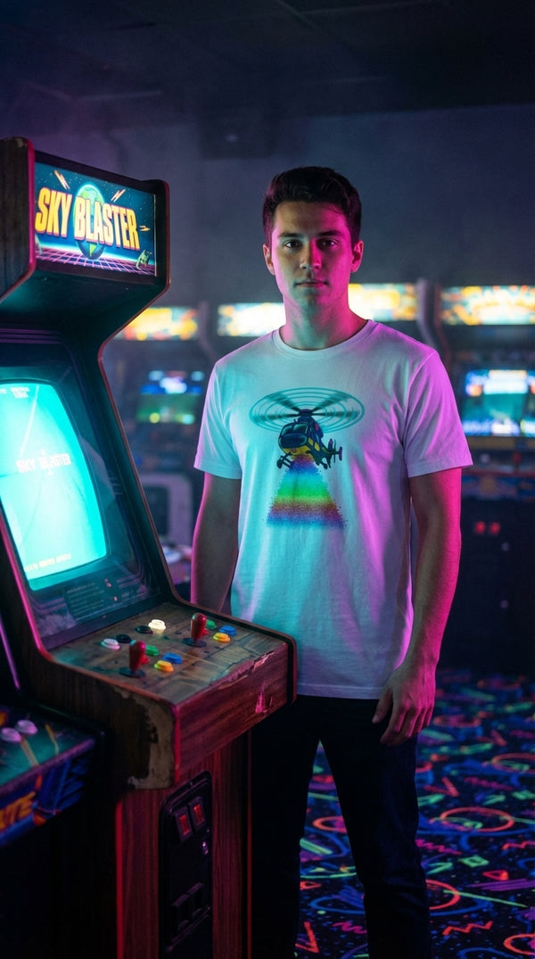 Synthwave Helicopter Organic Cotton Graphic T-Shirt - Arcade Champion in Neon Arcade Alley - 90s Retro Sustainable