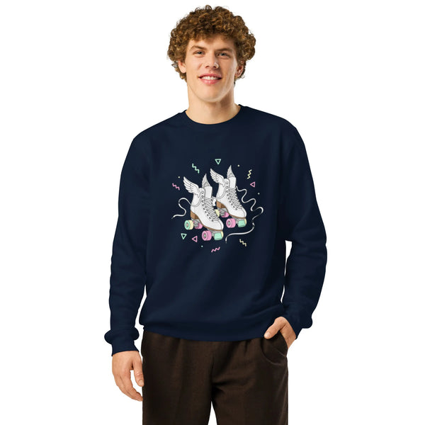 Retro Winged Skates Organic Sweatshirt | 80s Roller Disco Style - Sustainable Organic Design | Detailed Alternative View