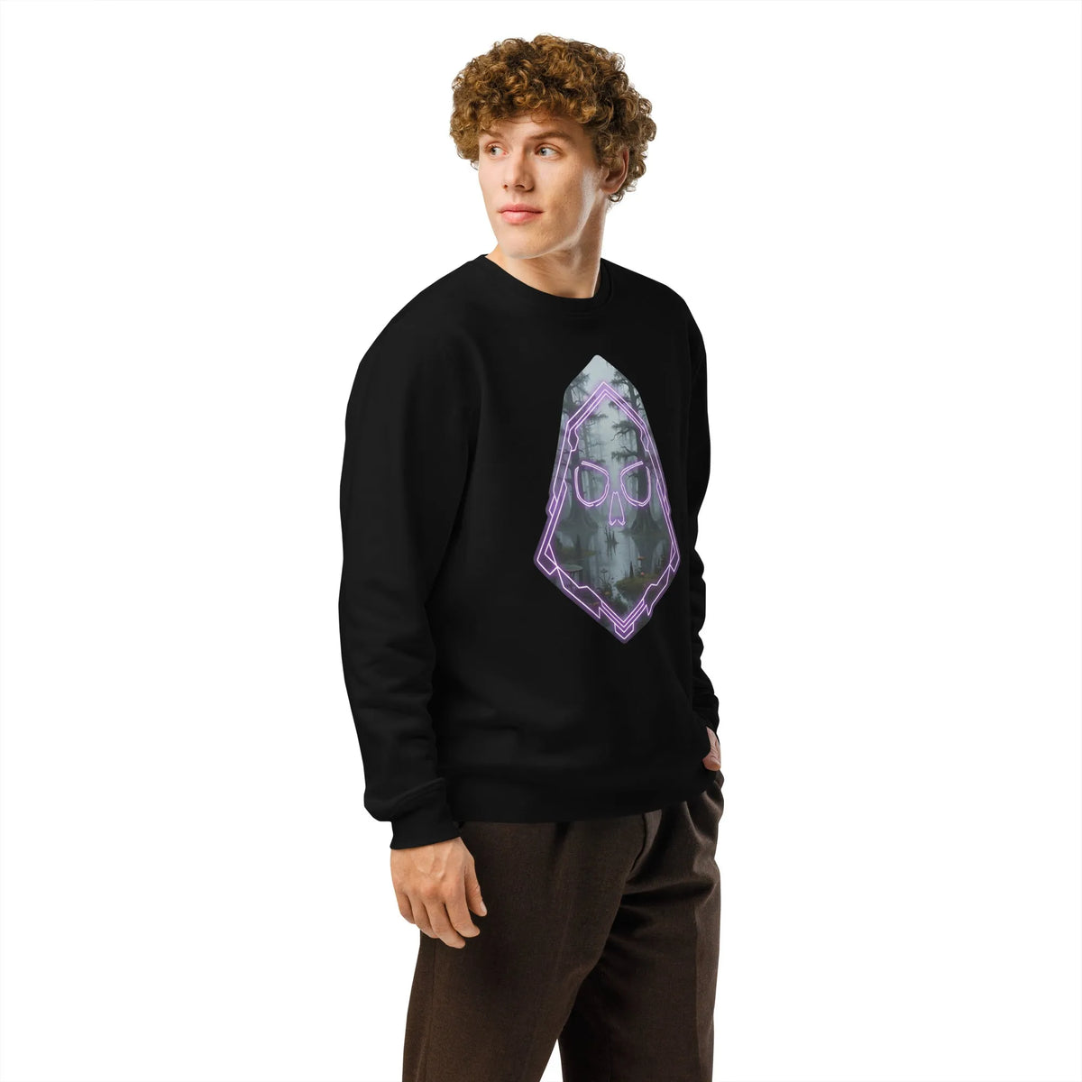 Midnight Ritual Neon Skull | Organic Sustainable Gamer Sweatshirt - Sustainable Organic Design | Primary Mockup Front View