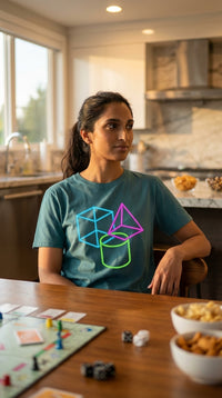 Organic Cotton T‑shirt – Unisex Neon Geometric Shapes Tee - Kitchen Table Casual (CCG) in Modern Kitchen - 90s Retro Sustainable