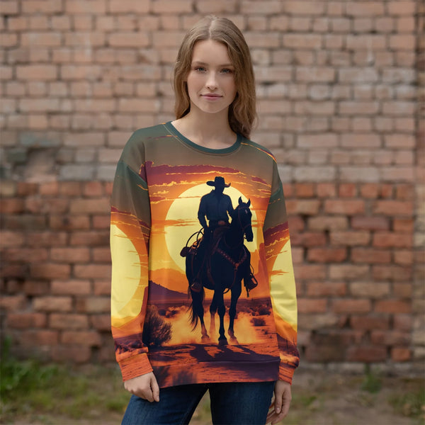 Desert Dusk Rider | Verified Sustainable Recycled Sweatshirt - Western Streetwear - Sustainable Organic Design | Primary Mockup Front View