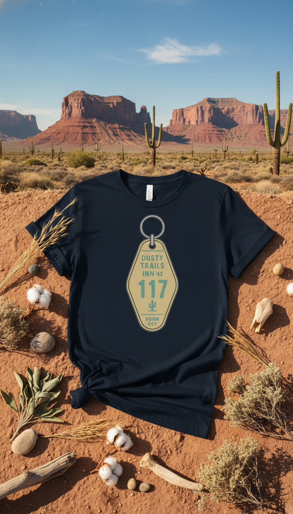 Dusty Trails Motel Key Tag – Retro Western Organic Cotton T-Shirt - GOTS Certification Hero in Desert Canyon - 90s Retro Sustainable