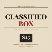 Classified Box — a $25 three-month boxed classified in The Bay State Treasure Gazette, the Massachusetts thrift and vintage directory. Classifieds page, English and Spanish editions.