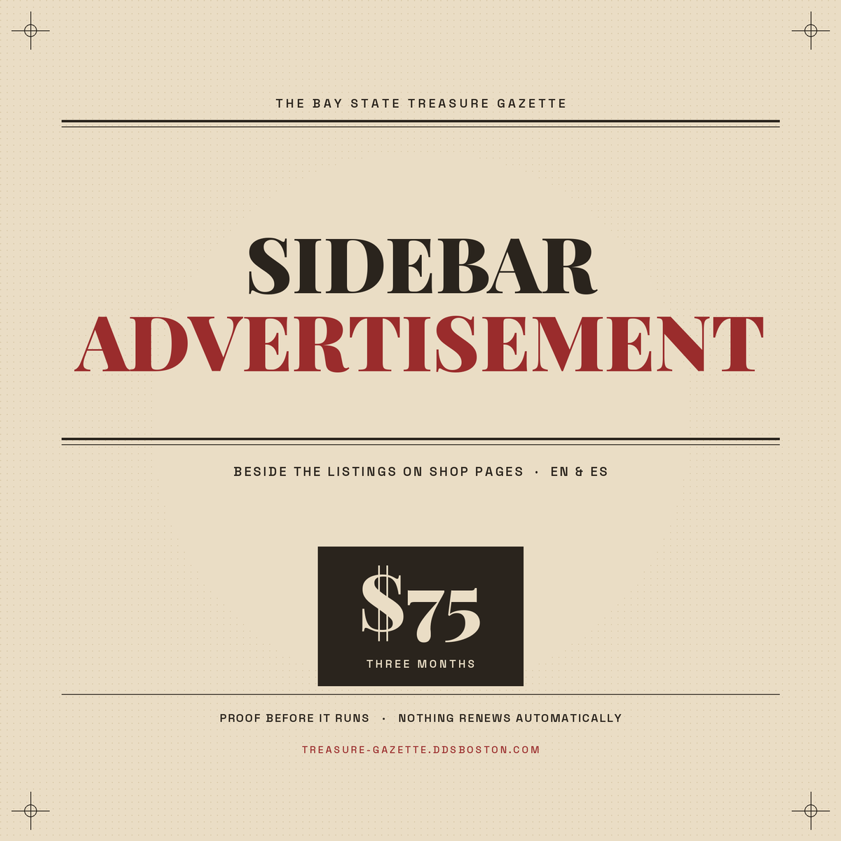 Sidebar Advertisement — a $75 three-month sidebar ad beside the listings on shop pages of The Bay State Treasure Gazette, the Massachusetts thrift and vintage directory.
