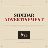 Sidebar Advertisement — a $75 three-month sidebar ad beside the listings on shop pages of The Bay State Treasure Gazette, the Massachusetts thrift and vintage directory.