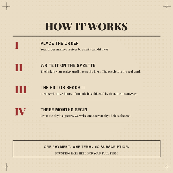 How it works: place the order, write the advertisement on the Gazette itself, the editor reads it and it runs within 48 hours, three months begin. One payment, no subscription. The Bay State Treasure Gazette.