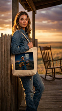 2025 Cowboy Tour Organic Cotton Tote Bag - Country Music Concert Eco-Friendly Shopper - Cowgirl Model in Ranch Porch - Eco-Aesthetic Lifestyle