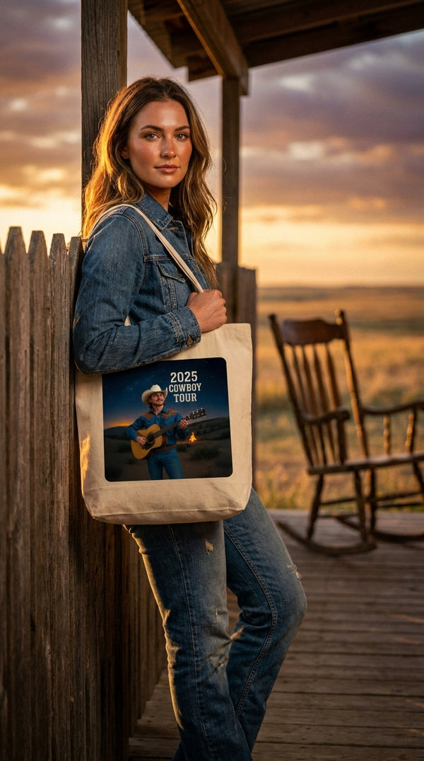 2025 Cowboy Tour Organic Cotton Tote Bag - Country Music Concert Eco-Friendly Shopper - Cowgirl Model in Ranch Porch - Eco-Aesthetic Lifestyle