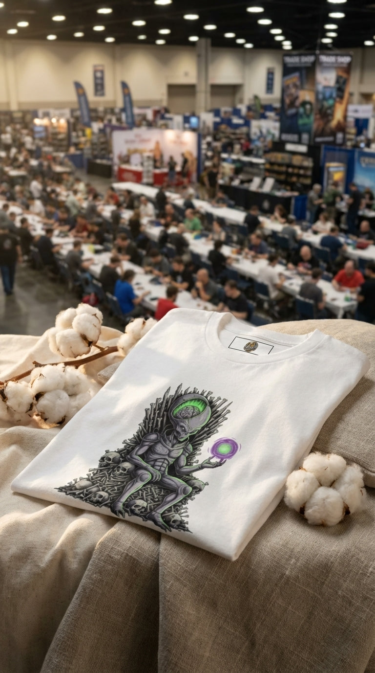 Alien Bone Throne Organic Cotton Graphic T-Shirt - GOTS Certification Hero in Tournament Hall - 90s Retro Sustainable