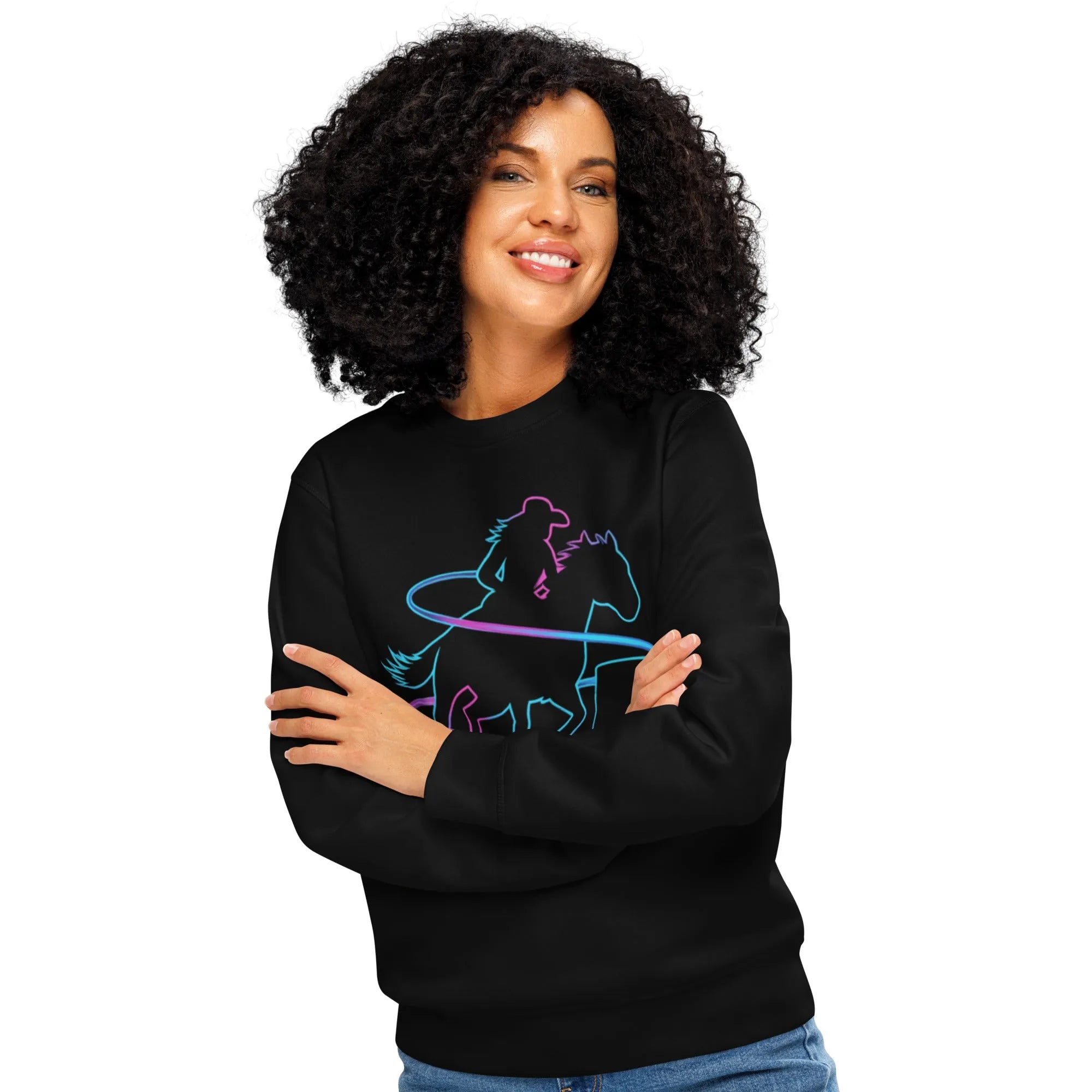 "One Clean Turn" Neon Barrel Racing Organic Sweatshirt - Sustainable Organic Design | Primary Mockup Front View