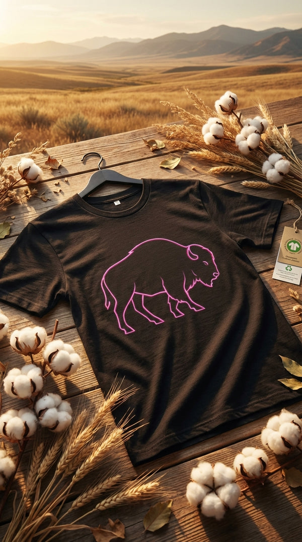 Organic Cotton T‑shirt – Neon Bison Glow - GOTS Certification Hero in Open Range - 90s Retro Sustainable