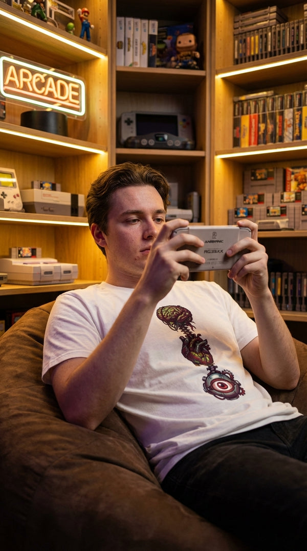 Biomechanical Core Retro Pixel Art Organic Cotton Gamer T-Shirt - Handheld Console Player in Retro Console Wall - Mainboard Staple