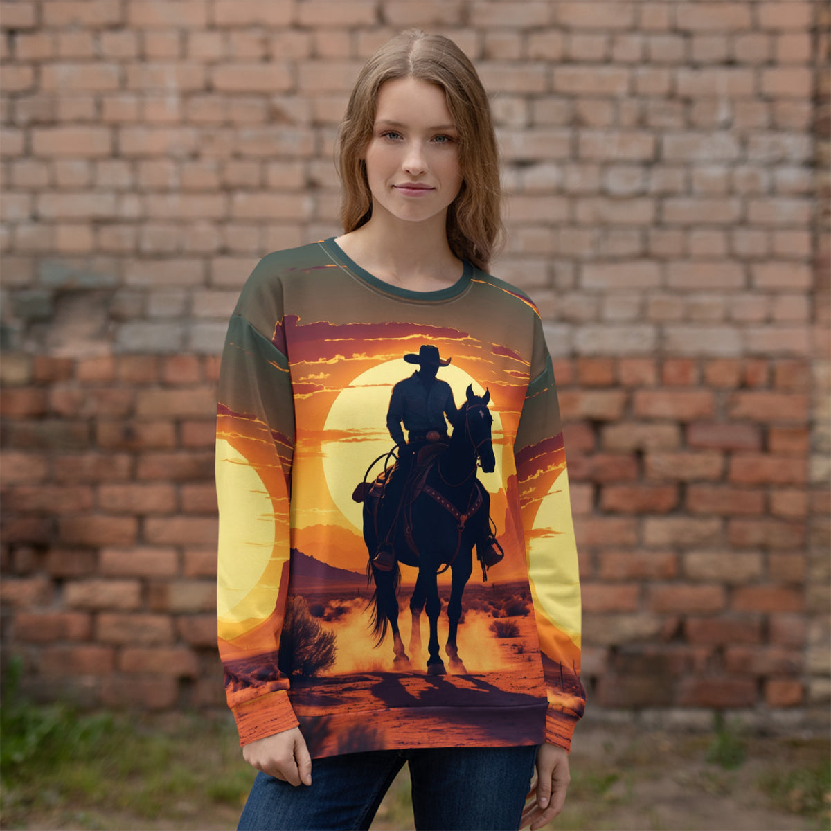 Person wearing a sweater with a sunset and horse design, standing against a brick wall.