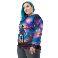 Person wearing a sweater with a cosmic landscape design