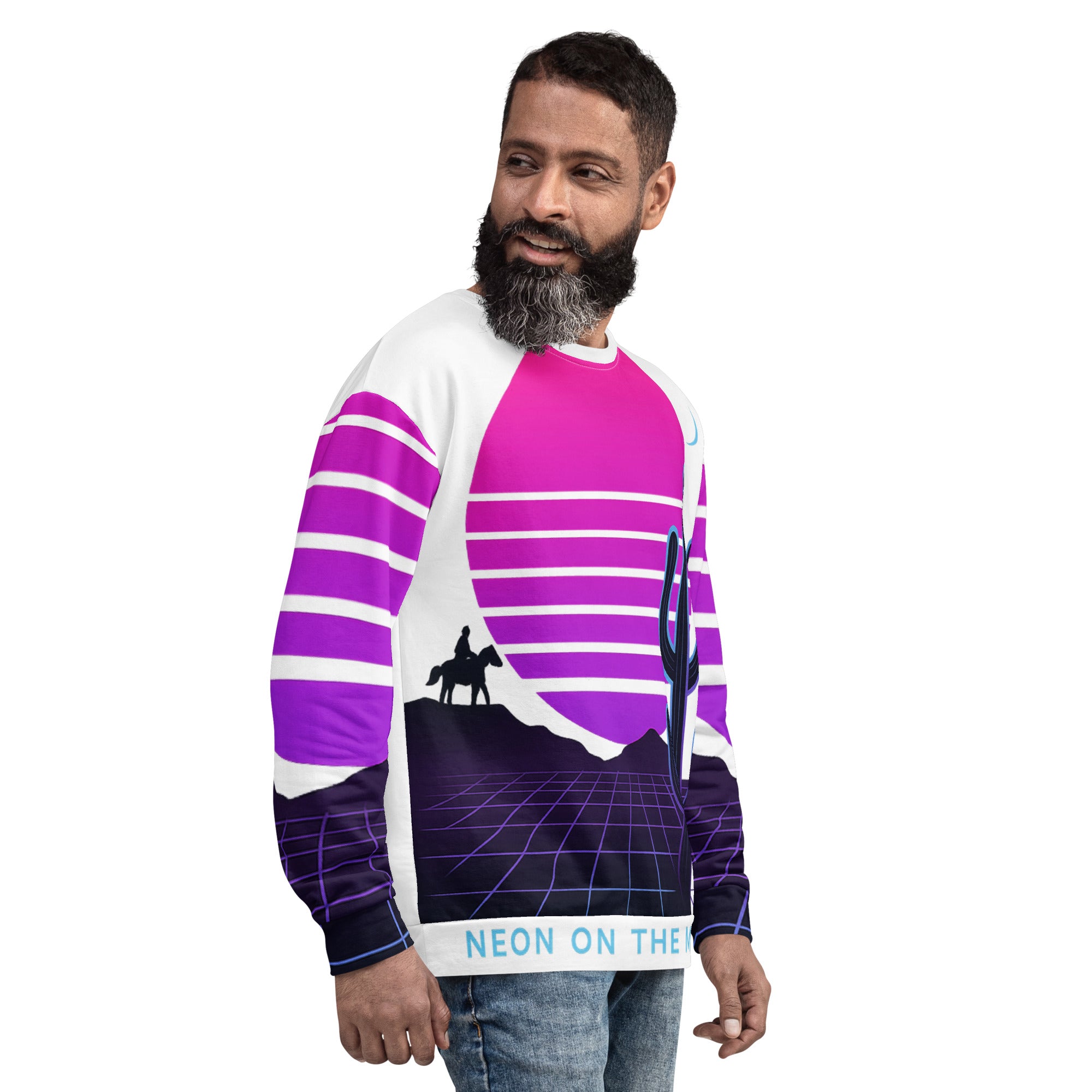 Man wearing a colorful sweater with a graphic design on a white background