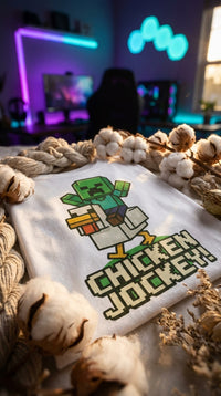 Organic Ring-Spun Meme Tee Pixel Art Chicken Jockey - GOTS Certification Hero in RGB Gaming Room - Eco-Aesthetic Lifestyle