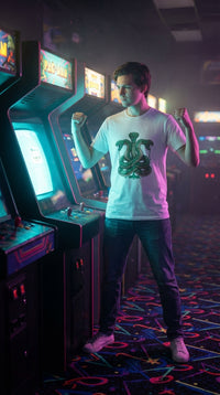 Hydra GOTS-certified organic cotton tee worn in a neon arcade alley — 90s retro sustainable (2)