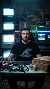 Neon Gator GOTS-certified organic cotton tee worn in a 90s lan party — organic vaporwave