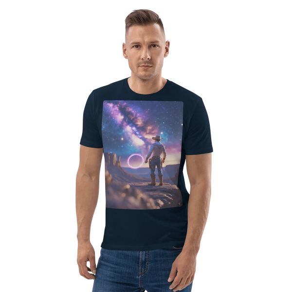 Cosmic Cowboy Organic Cotton T-Shirt - Space Western Graphic Tee - Design Delight Studio